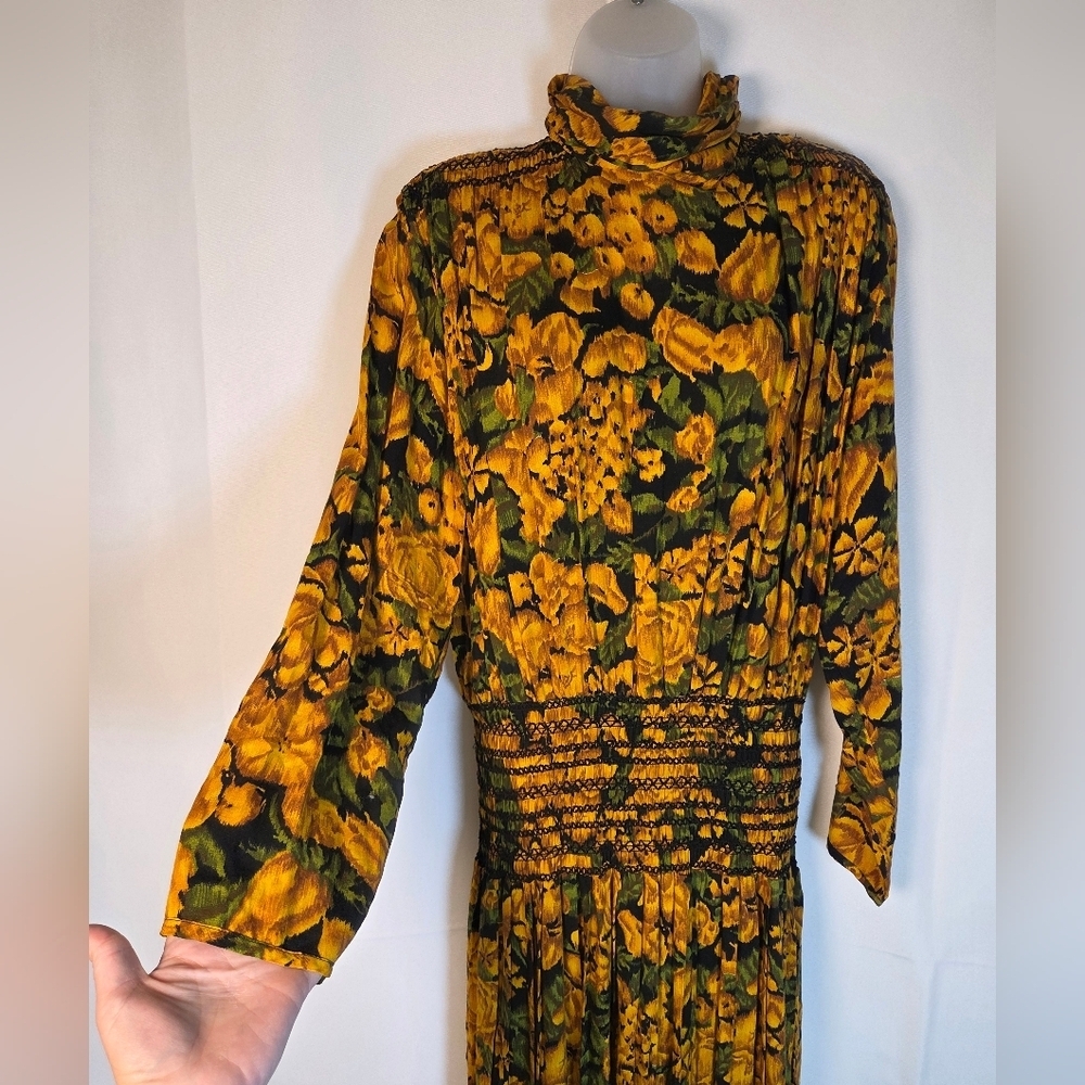 Vintage Barboglio Long Sleeve High Neck Maxi Dress Colorful Yellow Black Flowers - Picture 3 of 7